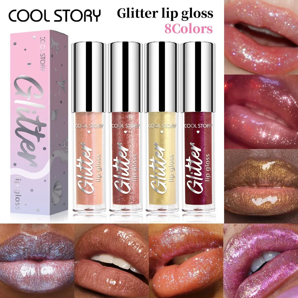 8-Color Glitter Lip Gloss | High Shine Pearl Lip Glaze with Sparkle