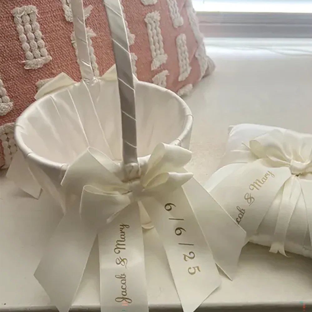 Custom Flower Girl Basket | Pearl Handle & Bow Ribbon Wedding Wedding Flower Basket Peaceful Pleasures Health and Wellness