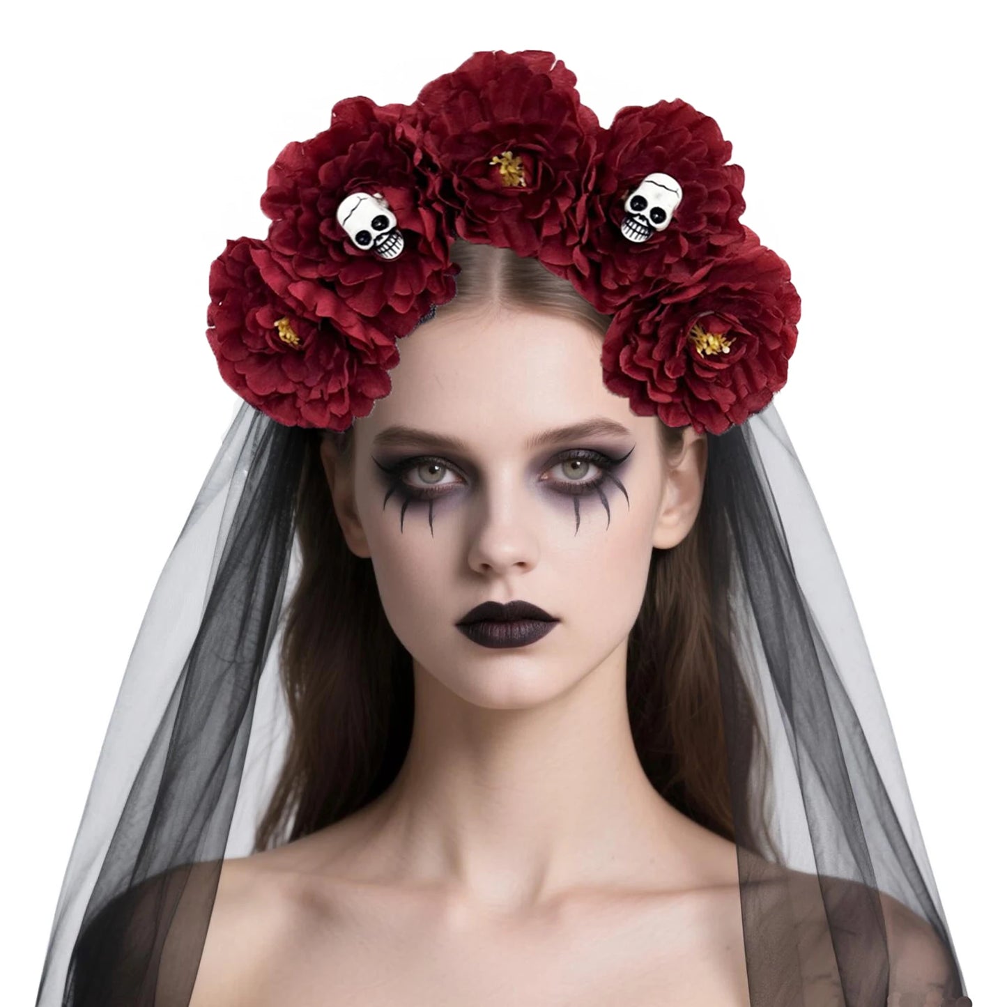 Gothic Rose Skull Headband | Halloween Floral Veil Hair Hoop