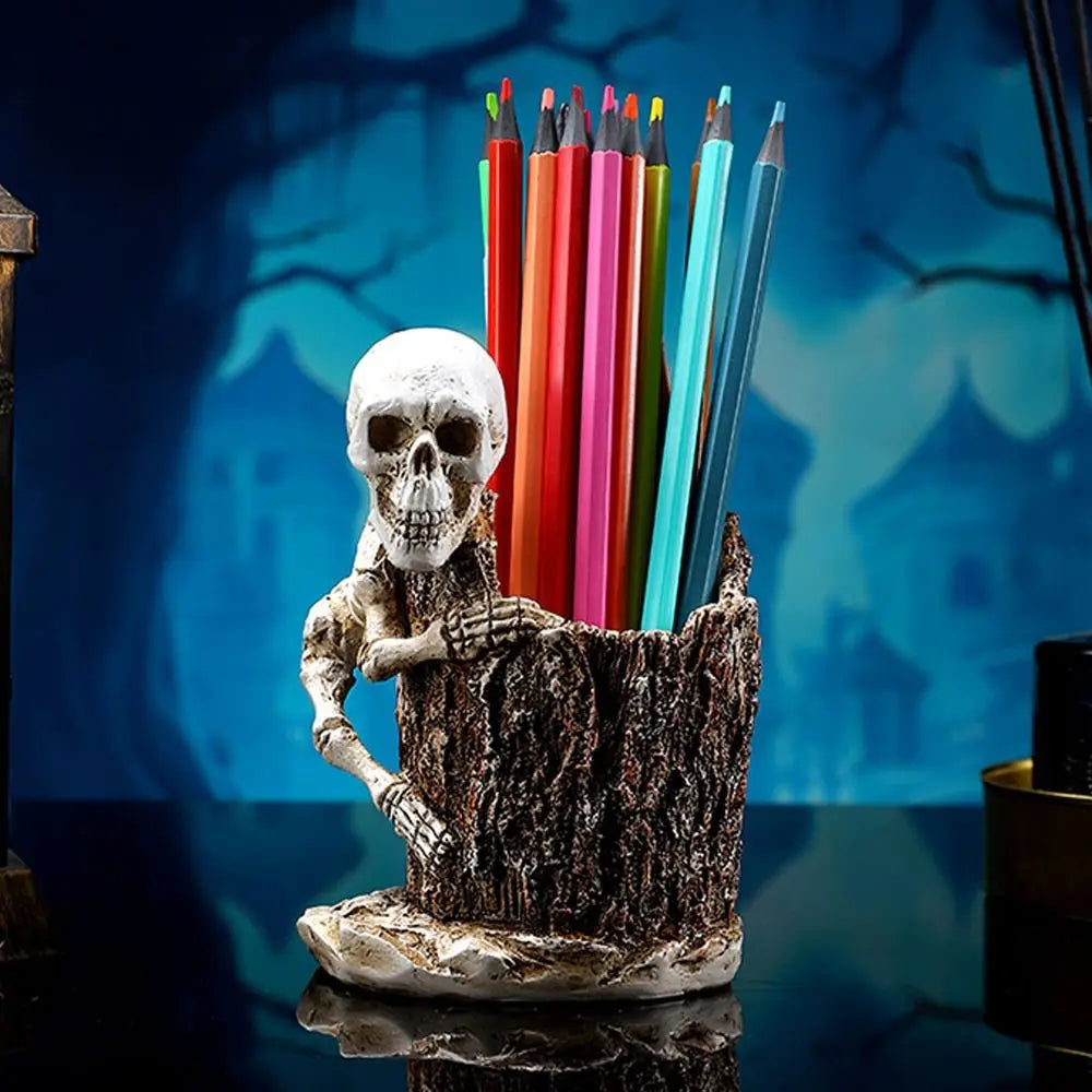 Scary Halloween Skull Pen Holder Resin Crafts Festival Skulls Pencil Storage Bucket Funny Skeleton Toothbrush Holder Peaceful Pleasures Health and Wellness