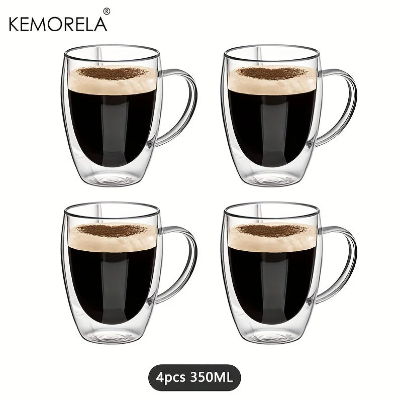 KEMORELA 350ml Double Wall Glass Coffee Mugs with Handle | 2/4/6 Pack