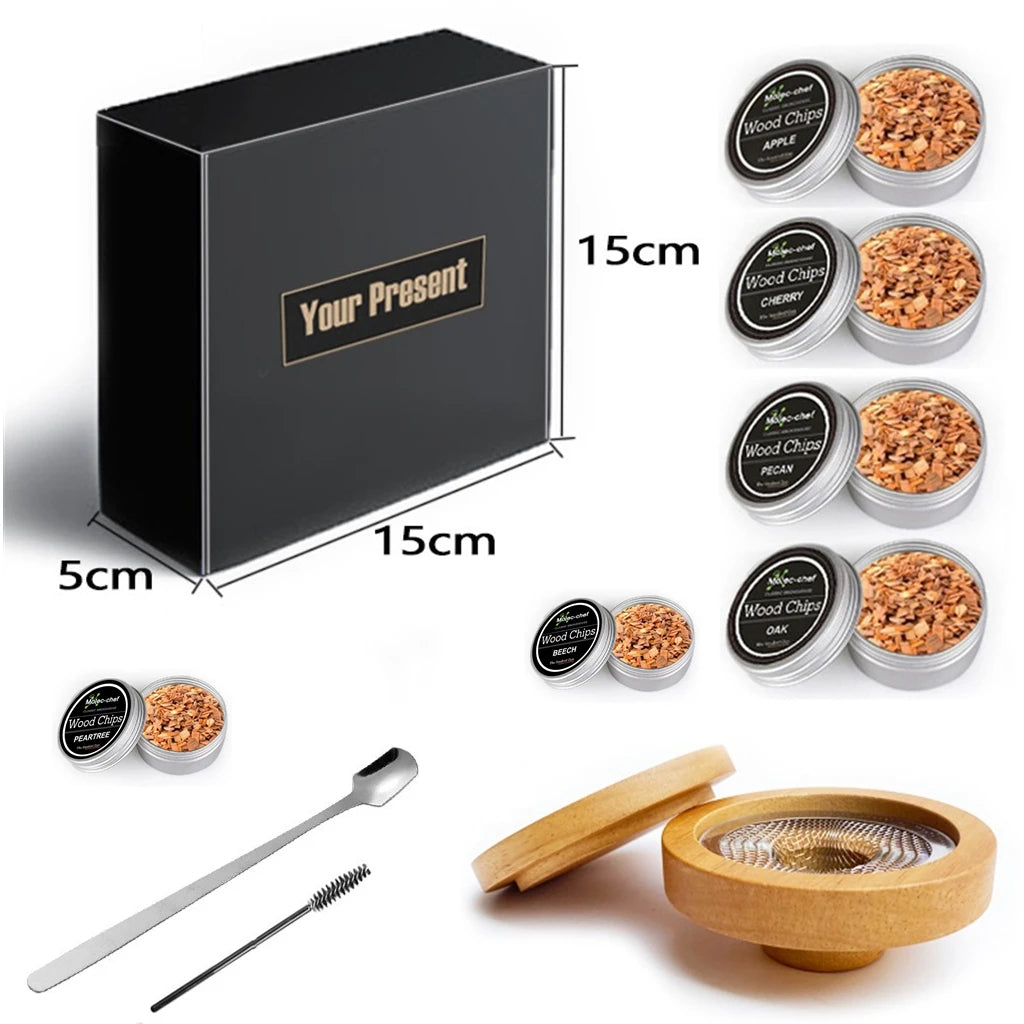 6Aroma Wooden Chips with Utensils & Smoked Lid Nature's Elegance Carfted for Your Table Cheese Board Set or Smoked Bread Bin Peaceful Pleasures Health and Wellness Oak Lid