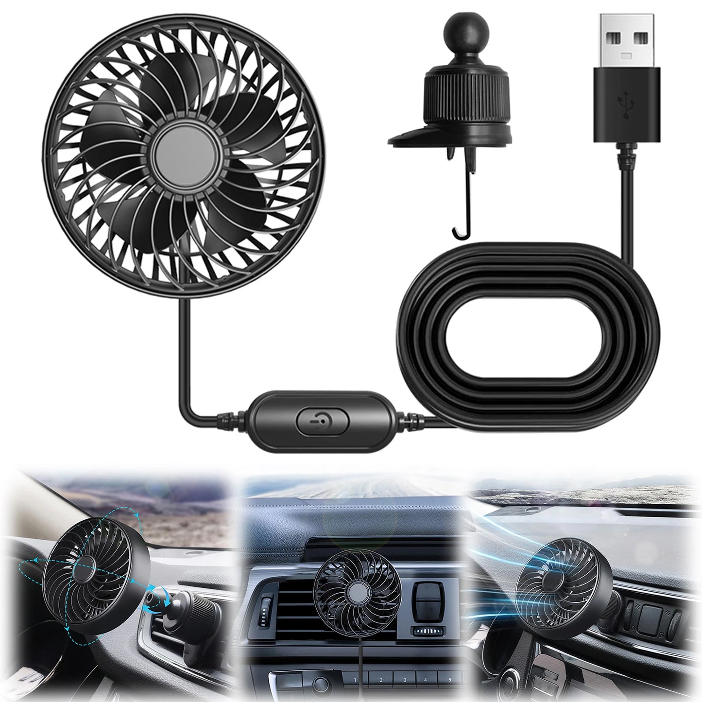 3 Speed USB Car Fan Mini Electric Air Vent Cooling Fan with 115cm Control Cable for Vehicle Auto Truck Interior Accessories Peaceful Pleasures Health and Wellness