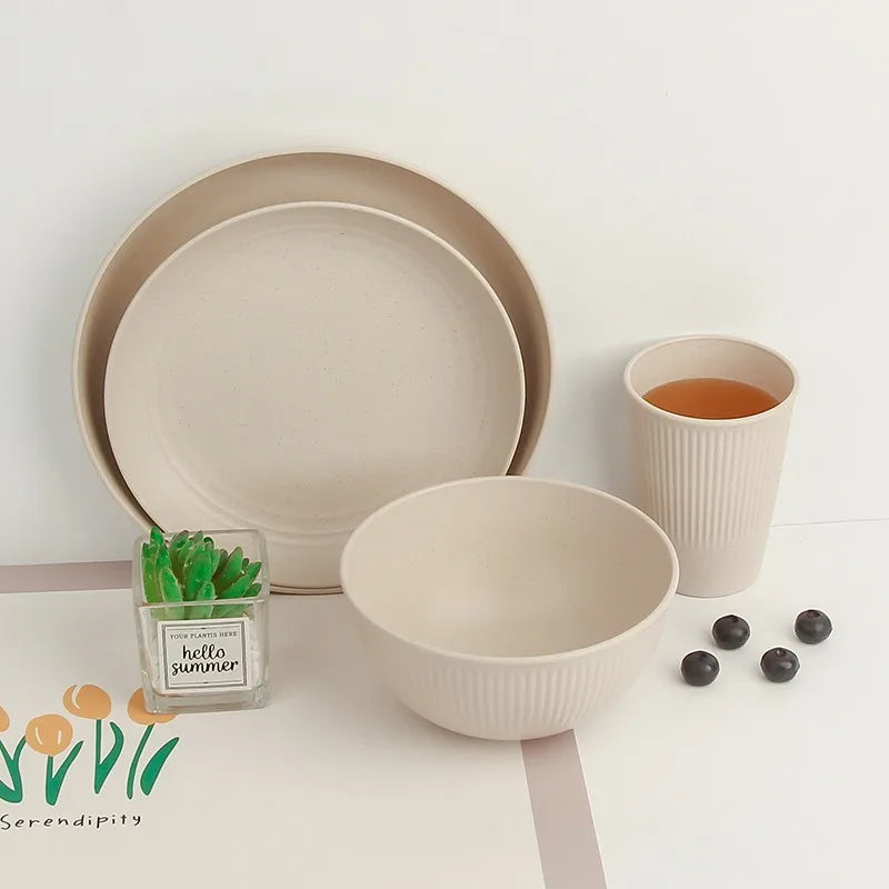 4/8/16pcs Plastic Dinnerware Set Reusable Cup Plate and Bowl Set Suitable for Camper Camping Picnic Dormitory Beige Peaceful Pleasures Health and Wellness