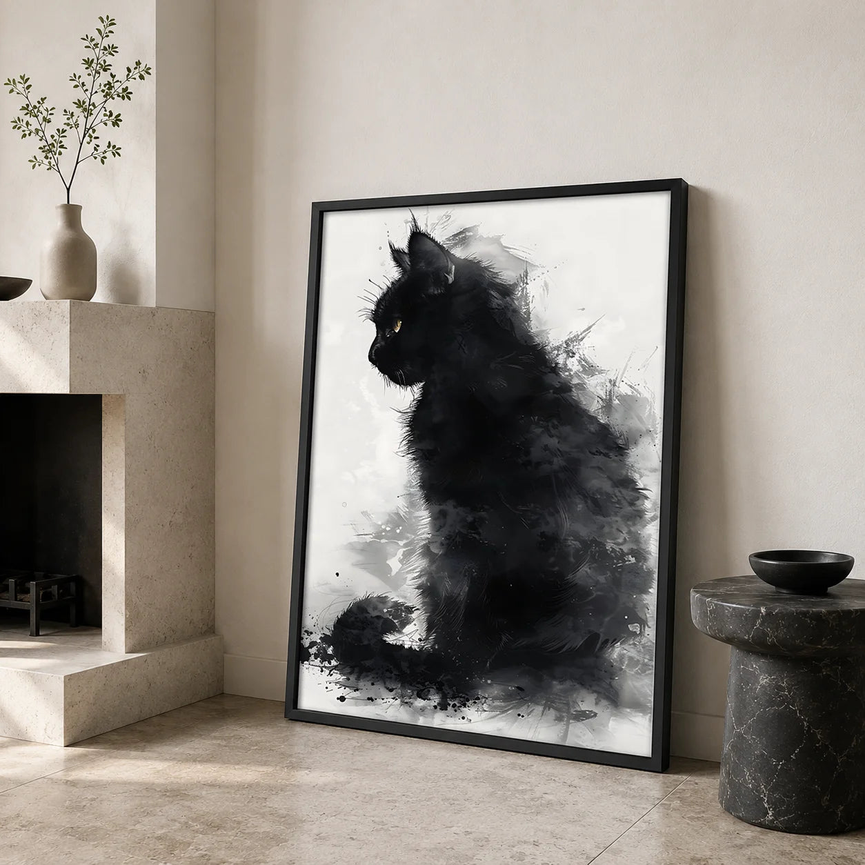 Ink Wash Cat Canvas Print | Minimalist Black White Wall Art Canvas Wall Art Print Peaceful Pleasures Health and Wellness