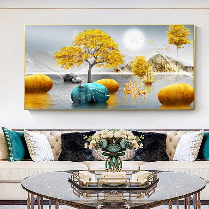 Abstract Luxury Flowers Canvas Painting, Golden Rich Tree, Wall Art Posters Money Tree Prints, Living Room, Porch, Home Decor Peaceful Pleasures Health and Wellness