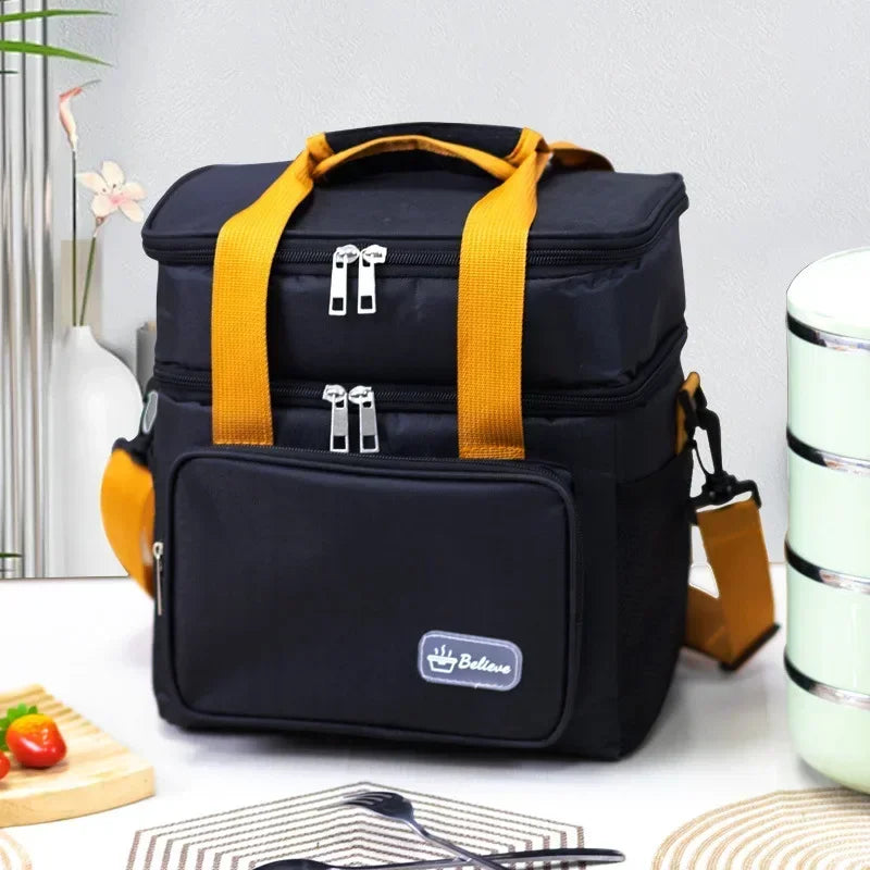 Large Capacity Insulated Lunch Bag Double Layer Thermal Picnic Oxford Shoulder Bag with Handle for Outdoor Food Storage Lunch Peaceful Pleasures Health and Wellness black-1pc