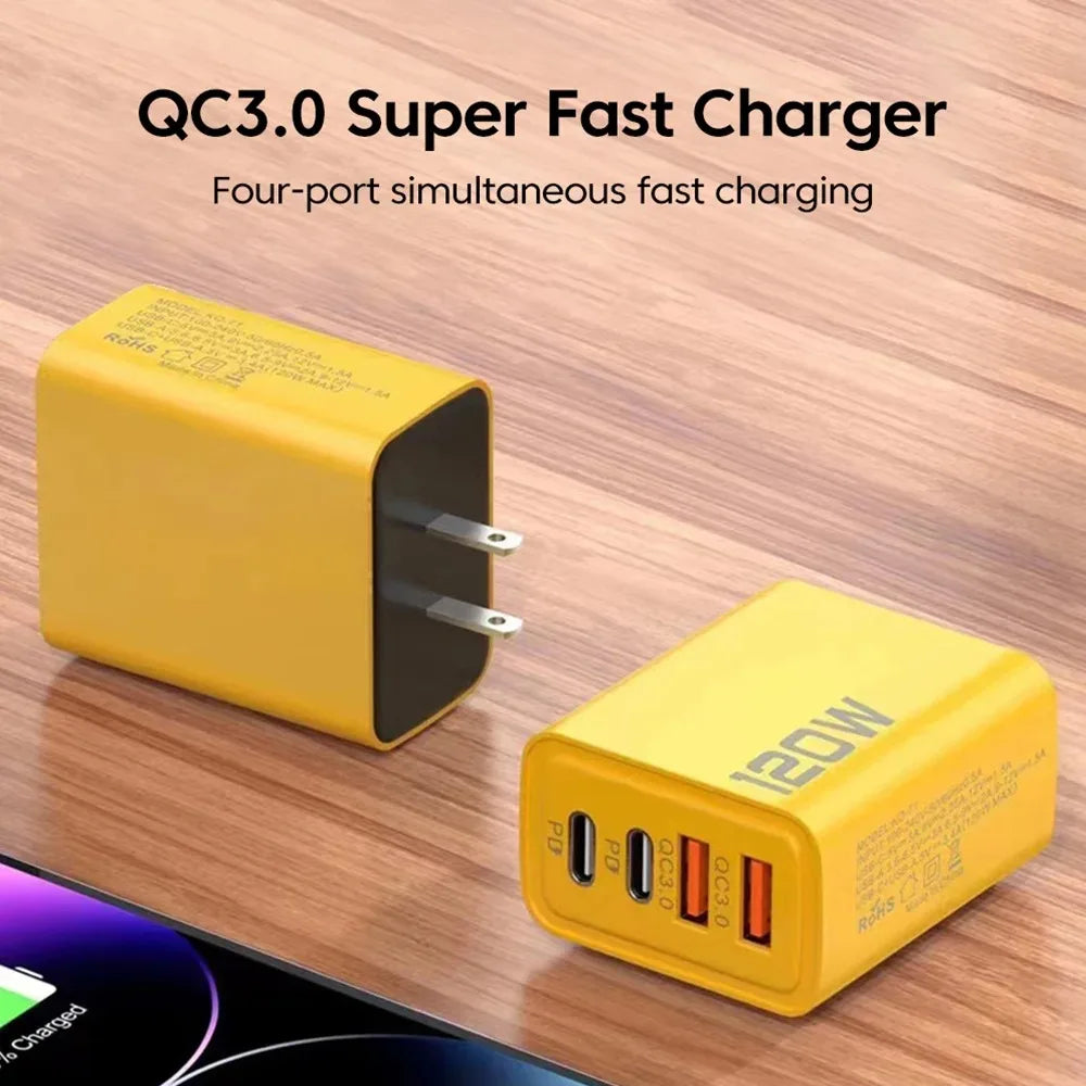 4-Port USB-C PD 120W Fast Charger | Quick Charge 3.0