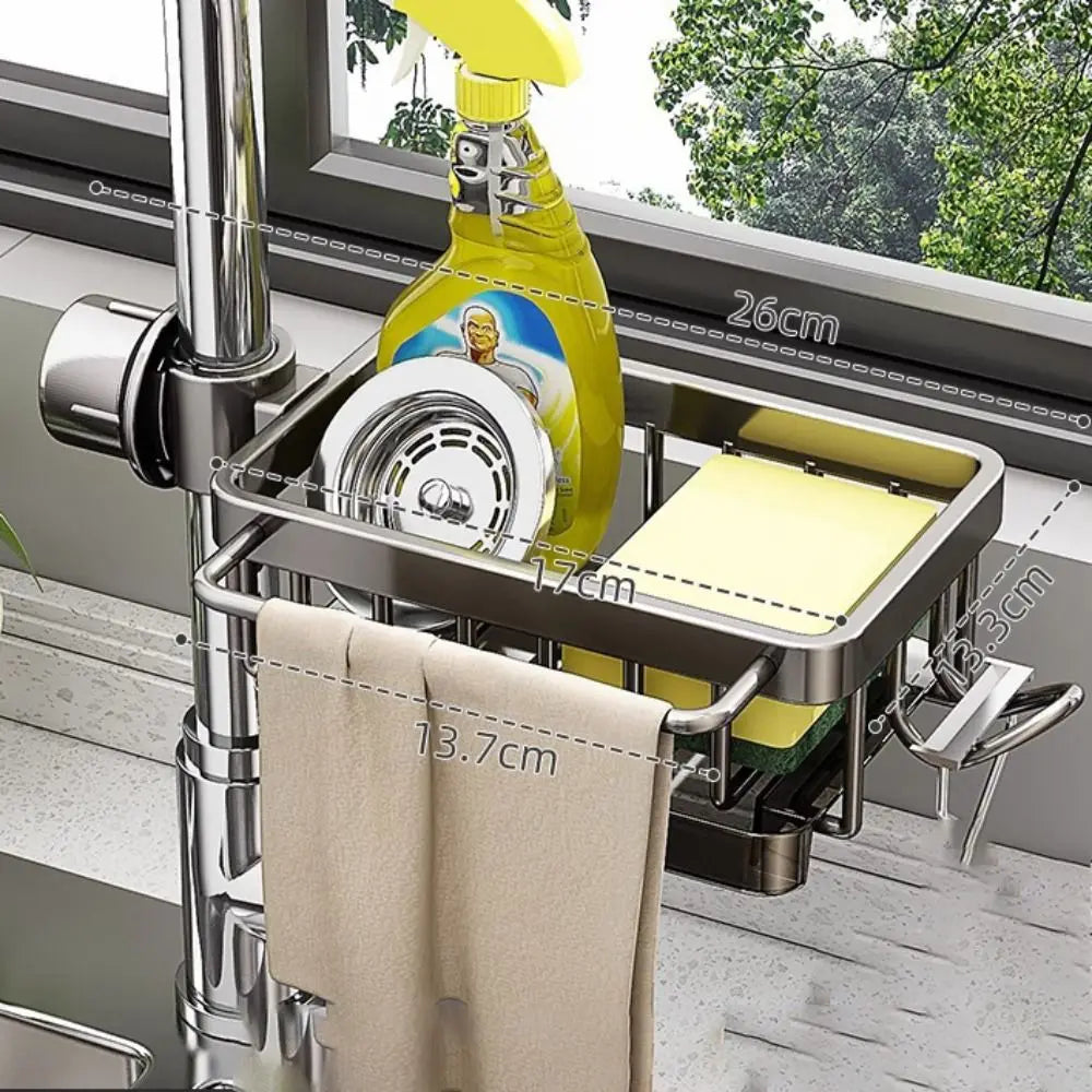 Space Aluminum Kitchen Sink Drain Rack Bathroom Organizer Soap Drainer Shelf Sponge Storage Basket Save Space Multipurppse Peaceful Pleasures Health and Wellness Gray-On Right