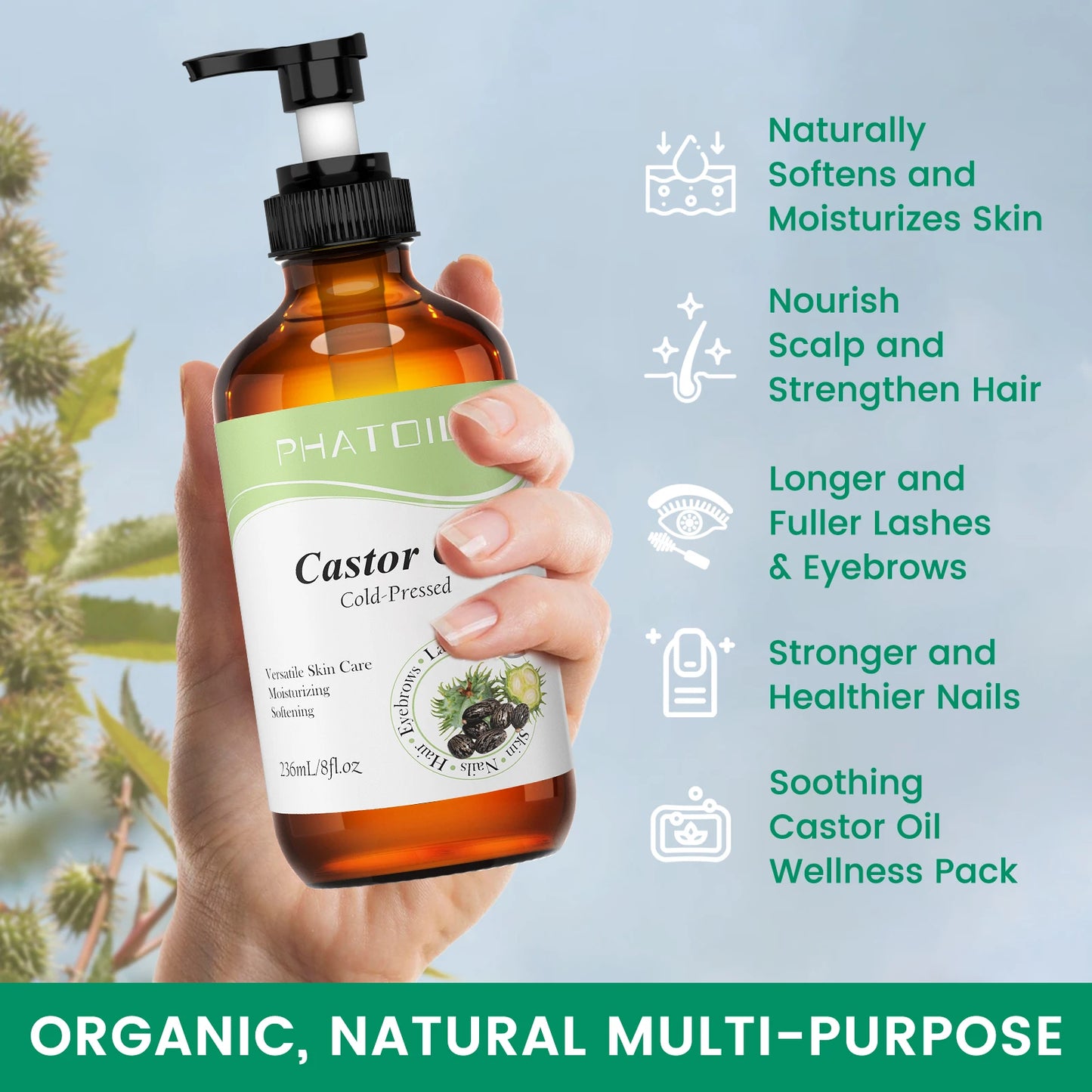 PHATOIL 236ml/118ml Organic Cold-Pressed Castor Oil For Eyelashes & Eyebrows,Hair Growth,Skin & Nails Care-Natural Castor Oils Peaceful Pleasures Health and Wellness