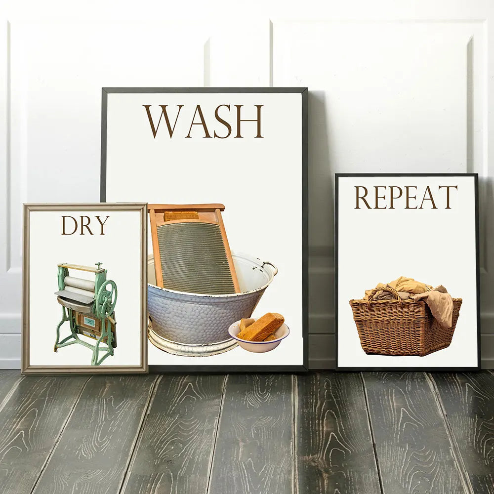 Vintage Wall Art Canvas Wash Dry Fold Repeat Laundry Sign Poster Painting Living Room Nordic Pictures Print Modern Home Decor Peaceful Pleasures Health and Wellness