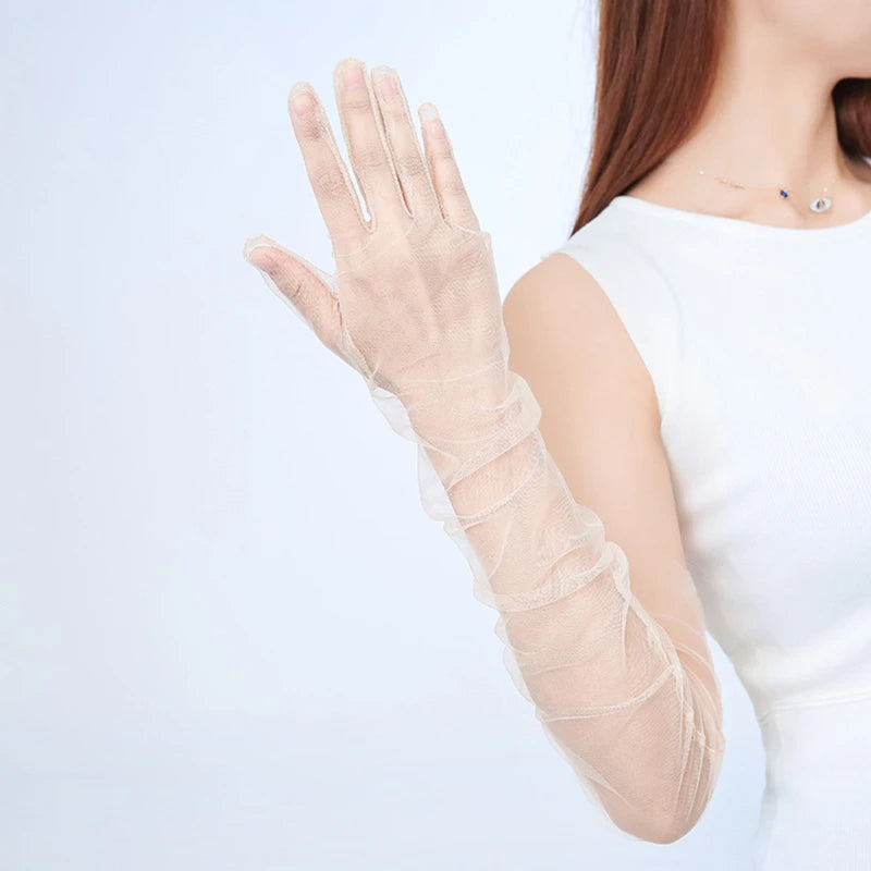 Women Ultra Tulle Gloves Mesh Sheers Full Finger Elbow Long Gloves Female Vintage Sunscreen Gloves Wedding Bride Dress Mittens Peaceful Pleasures Health and Wellness