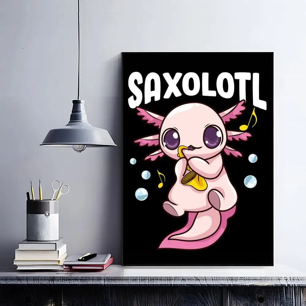 Cute Axolotl Art Poster HD Self Adhesive Waterproof Wall Art Ideal for Home Office Dorm Bedroom Great Gift Peaceful Pleasures Health and Wellness Black2 15X20cmNoframe