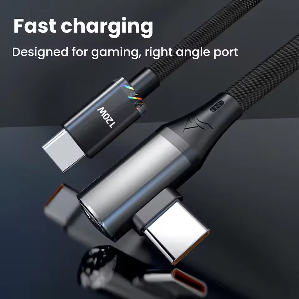 120W 6A Right Angle Type C Cable PD Fast Charging Nylon Braided 480Mbps Data Cord USB-A/C to C For Samsung Xiaomi Huawei Gaming Peaceful Pleasures Health and Wellness