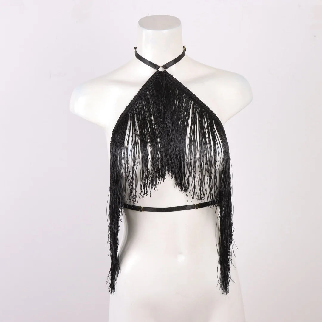 UYEE Women's Black Halter Tassel Detail Adjustable Elastic Harness