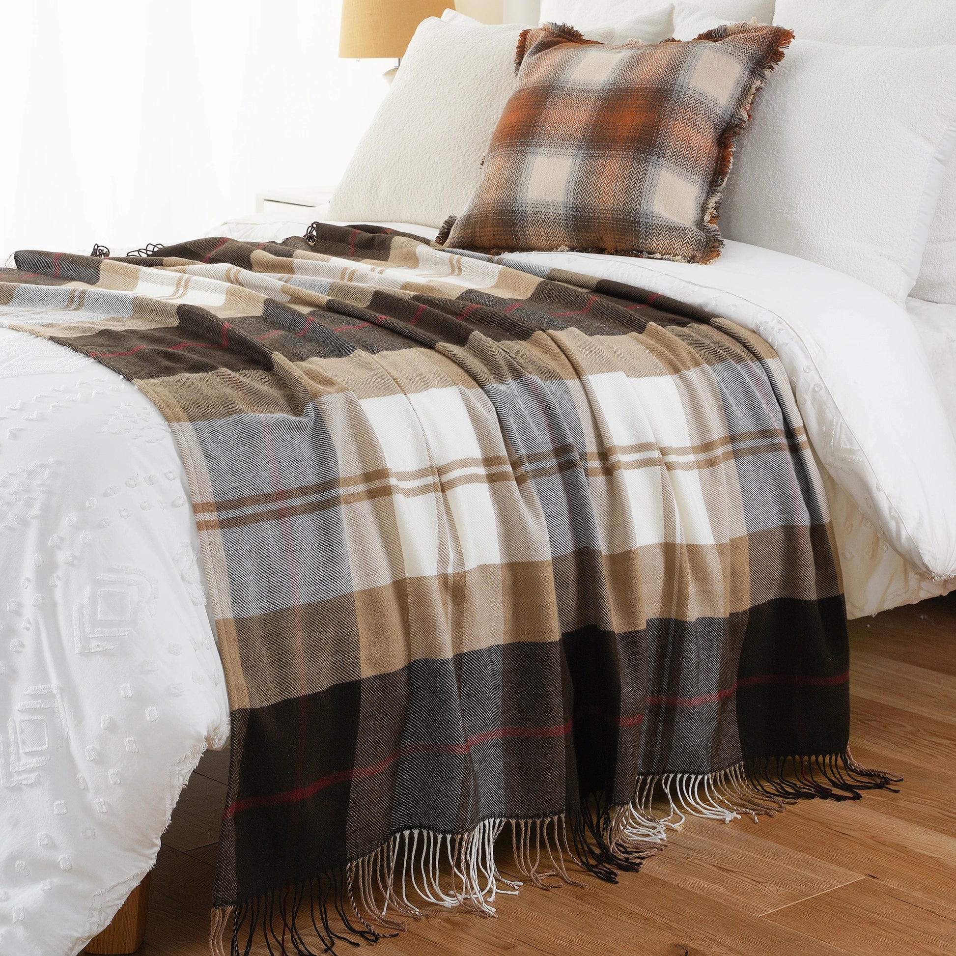 Battilo Plaid Throw Blanket for Bed Couch Beige Lightweight Sofa Blanket Cashmere Blanket with Tassels Knit Throw for All Season Peaceful Pleasures Health and Wellness