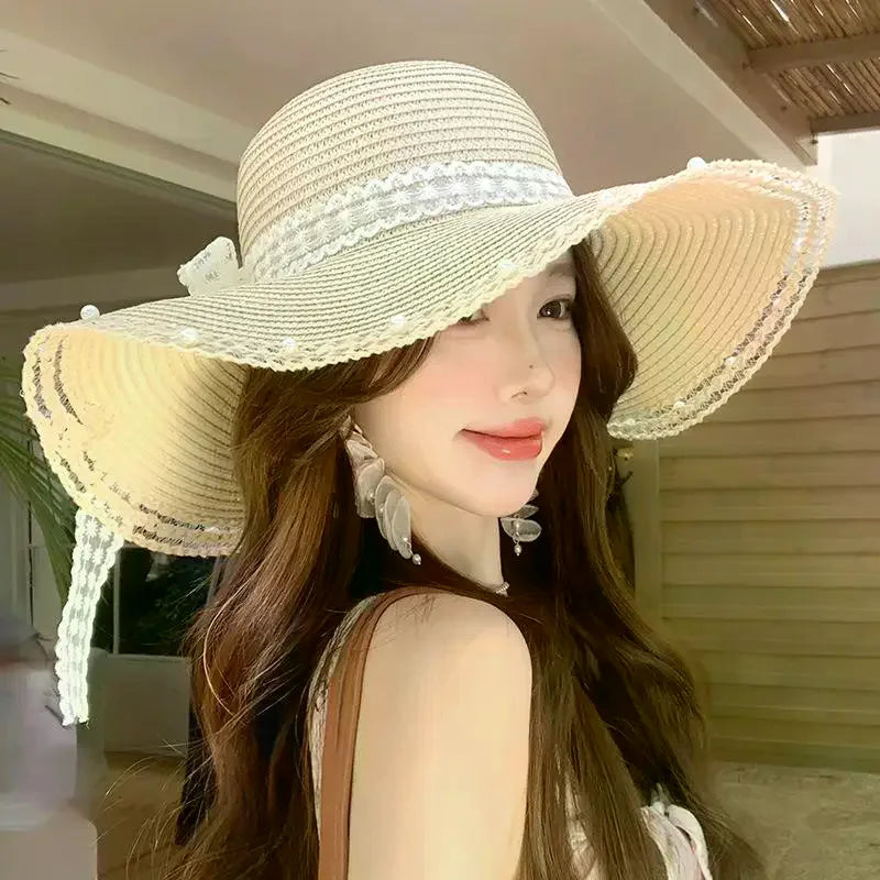 Women's Oversized Bow Straw Sun Hat – UV Protection Beach Hat