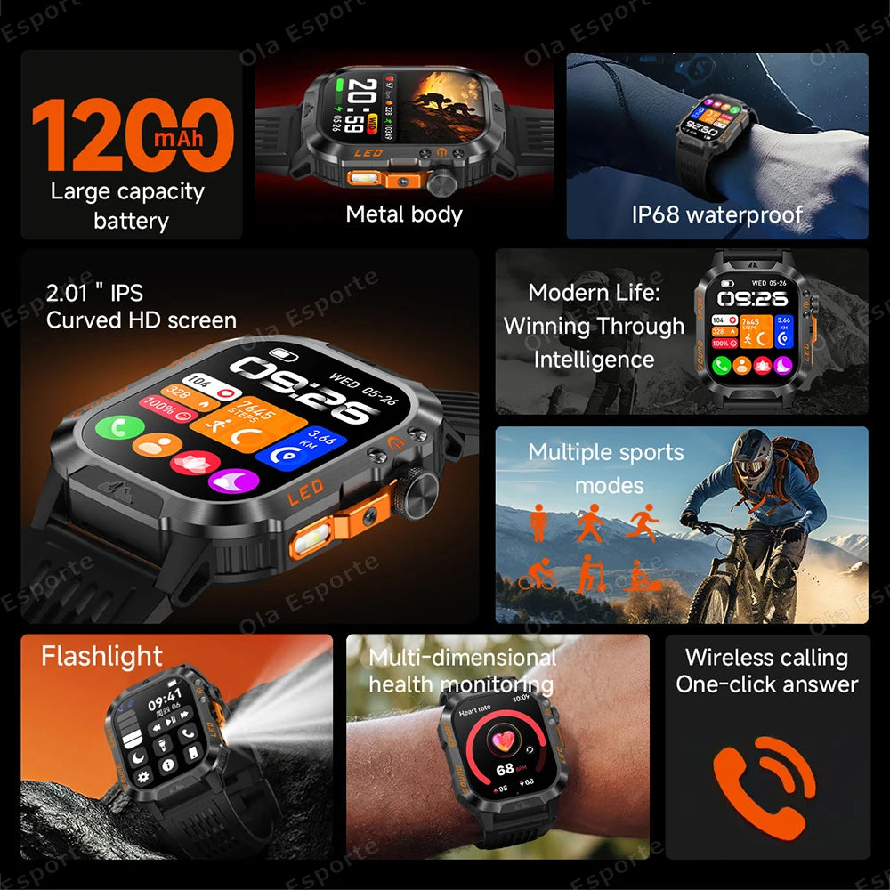 Ola Esporte Military Smartwatch | 1200mAh, Flashlight, IP68