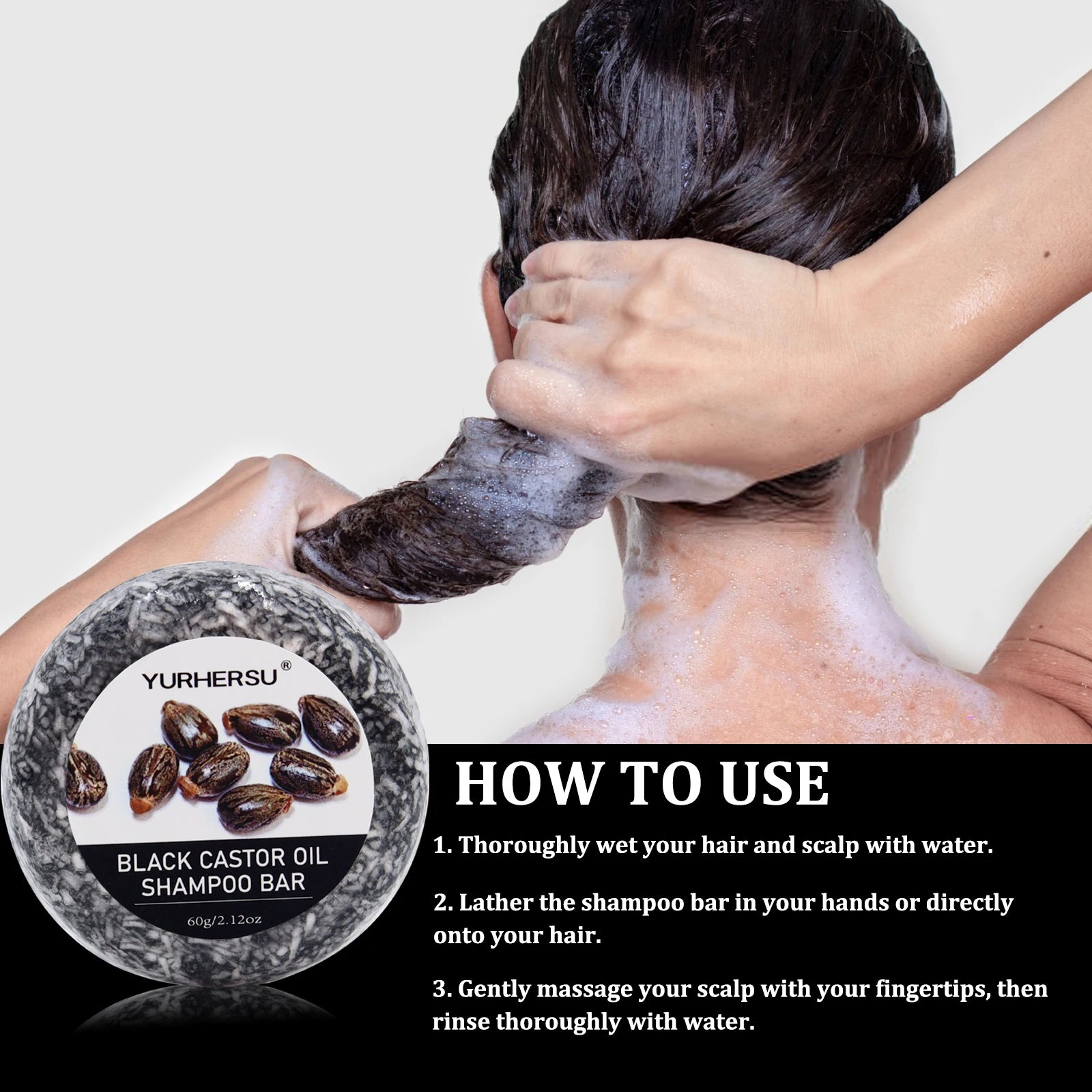 60g Black Castor Shampoo Bar 2-in-1 Shampoo and Conditioner, made with castor extract, nourishes and cares for all hair types. Peaceful Pleasures Health and Wellness
