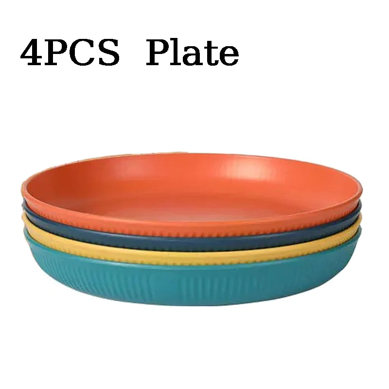 4pcs Wheat Straw Dinnerware Set Eco-friendly Safety Plates Cups Bowels Home Party Tableware Set Outdoor Camp Candy Colour Gift Peaceful Pleasures Health and Wellness 4PCS Plate