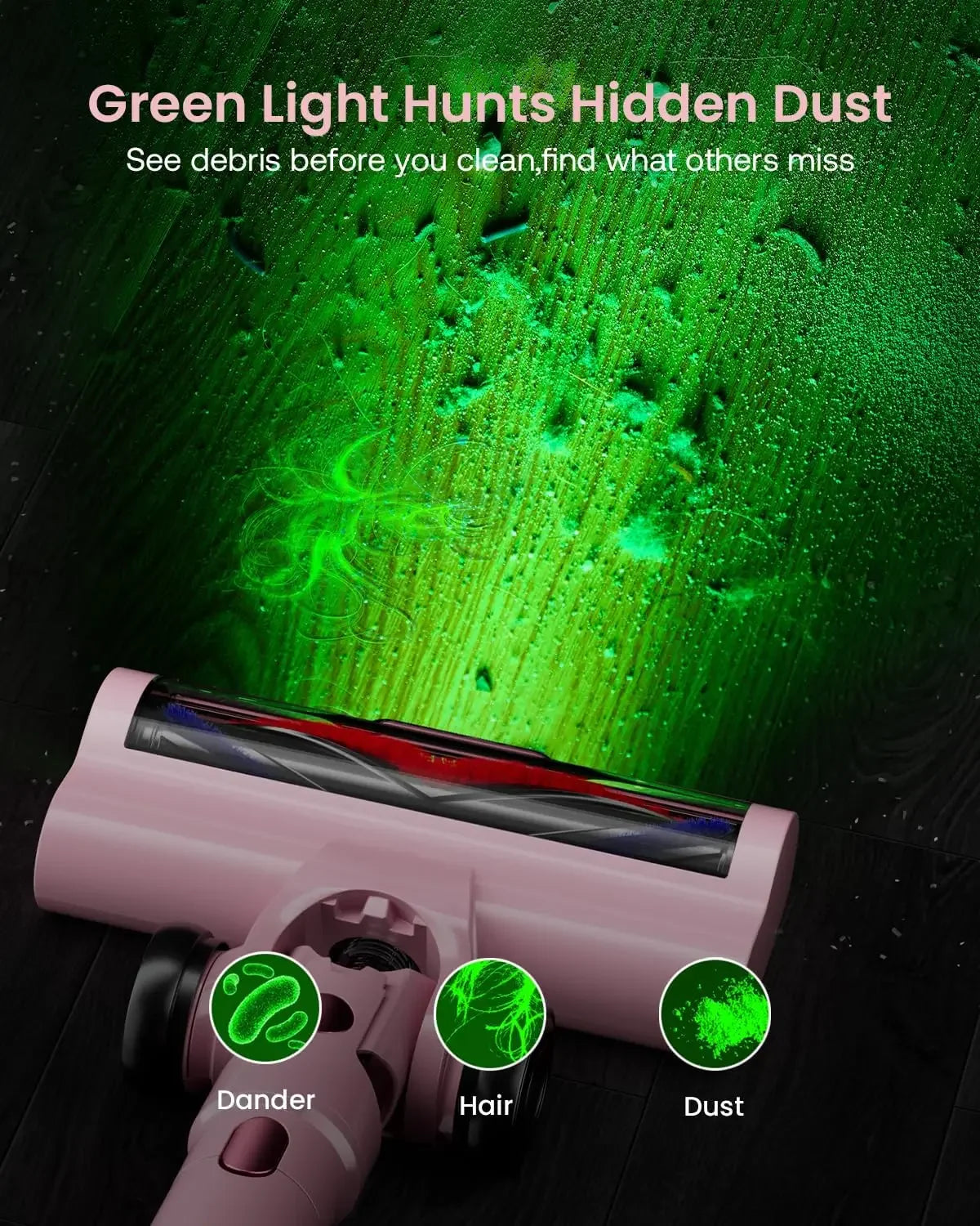 Cordless Vacuum Cleaner with 60Kpa Suction, 70min Runtime, Green LED Light for Pet Hair on Floors & Carpet Peaceful Pleasures Health and Wellness