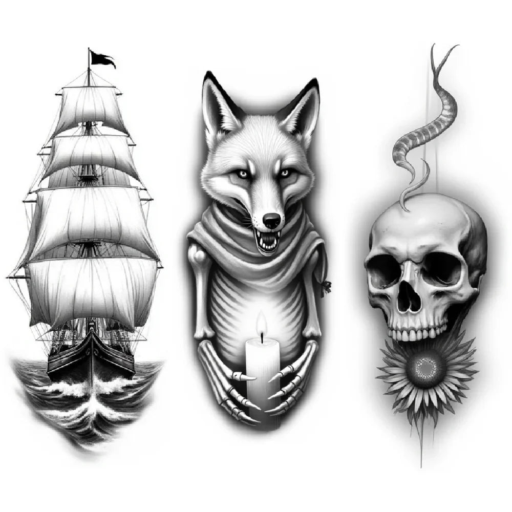 3-Pack Realistic Temporary Tattoos – Fox, Candle & Tree Designs