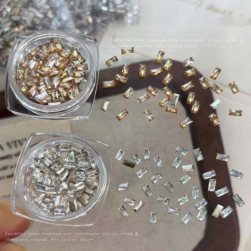 50Pcs Zirconia Strip Nail Rhinestones 2x4mm | Clear & Champagne