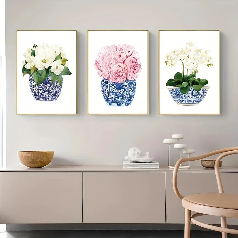 3-Piece Chinoiserie Canvas Print | Blue White Orchid Wall Art Canvas Wall Art Peaceful Pleasures Health and Wellness