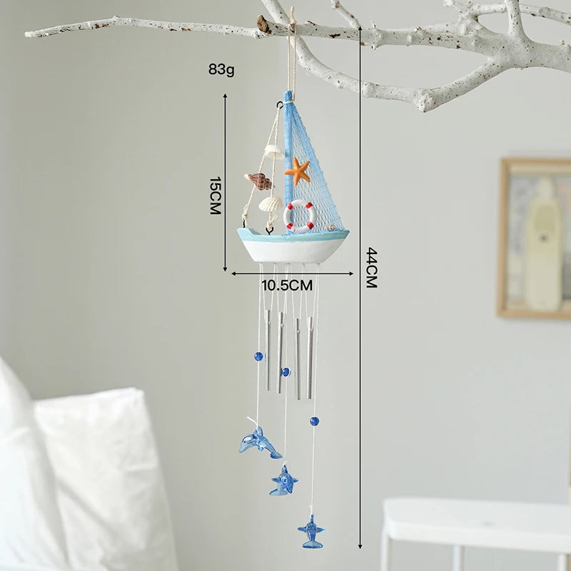 Mediterranean Wooden Sailboat Wind Chime Hanging Ornament