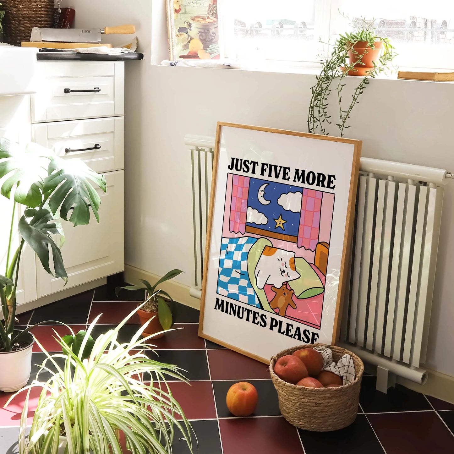 Cartoon Cat "Just Five More Minutes" Canvas Wall Art Print