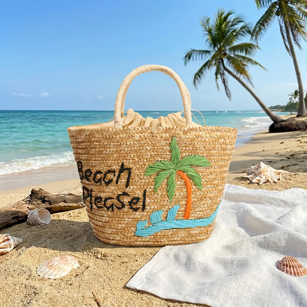 Bohemian Embroidery Straw Beach Tote Bag | Large Woven Shoulder Woven Straw Tote Bag Peaceful Pleasures Health and Wellness