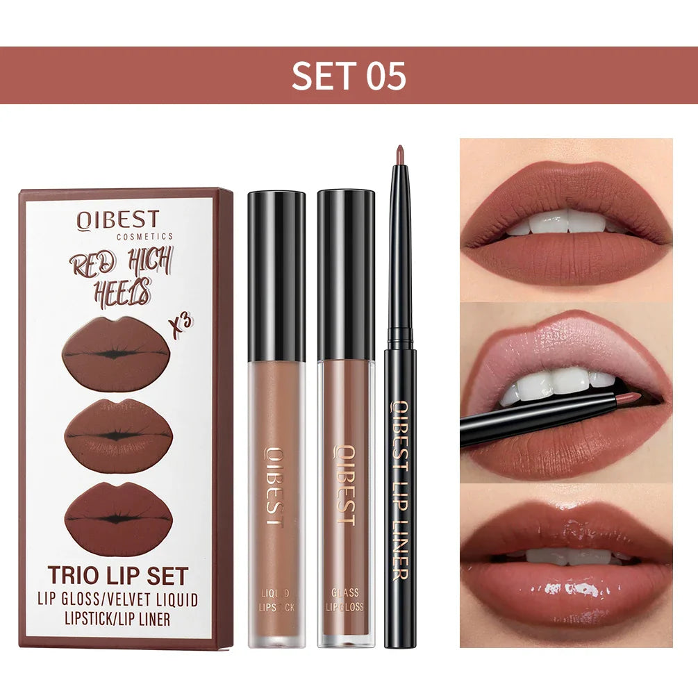 QIBEST 3-in-1 Matte Lipstick, Lip Liner & Gloss Set