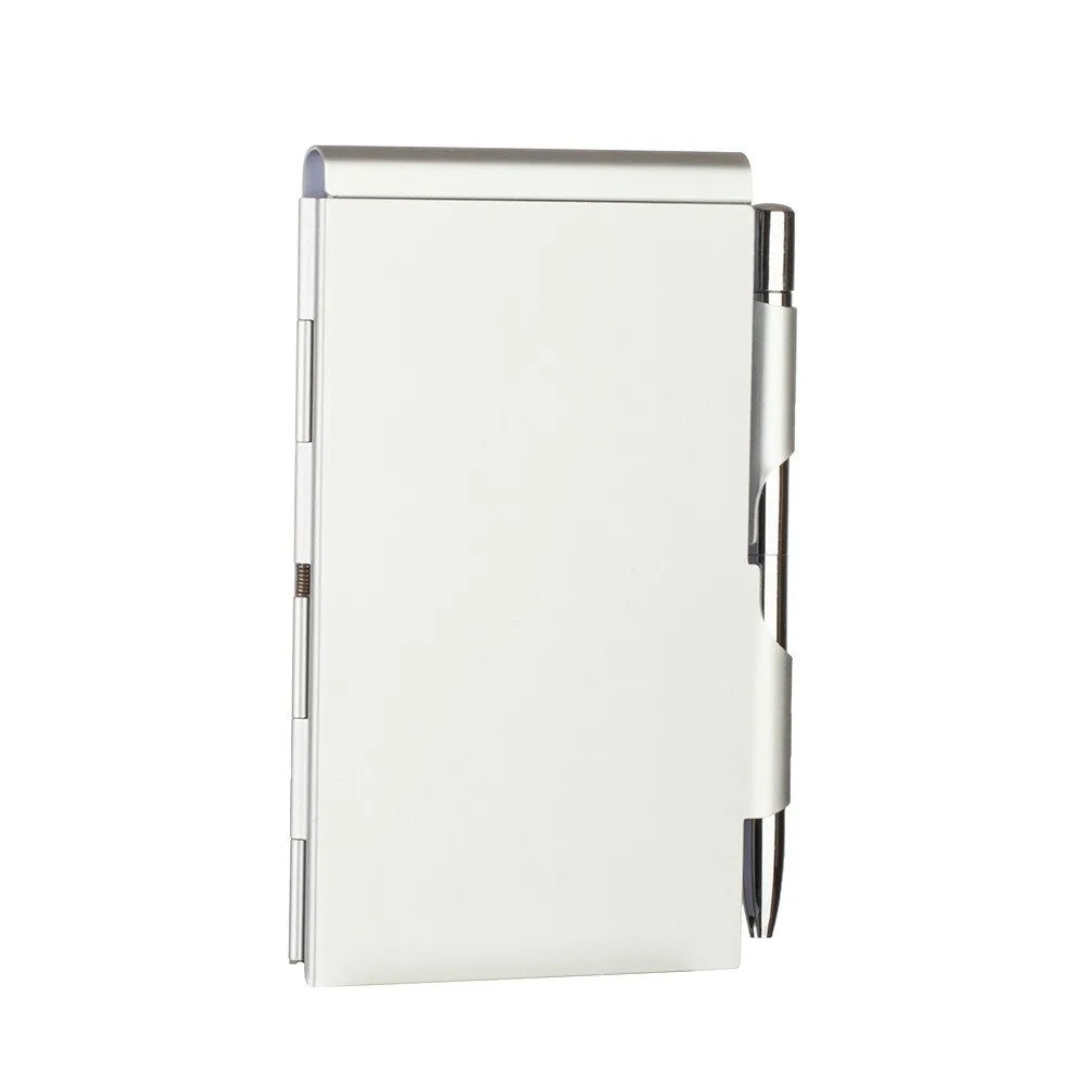 Portable Aluminum Notepad with Memo Pads with Pen Office Memo Pad Pocket Refillable Paper Clamshell Notebook Gift Supplies Peaceful Pleasures Health and Wellness Silver