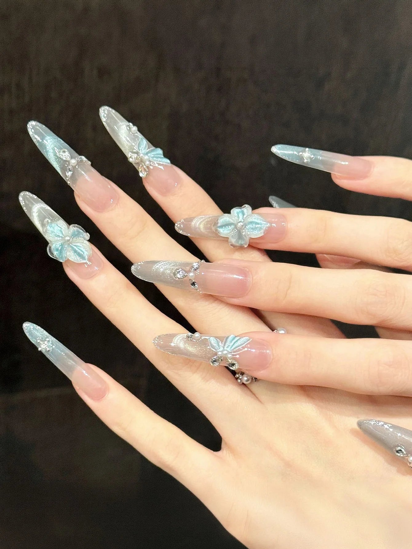 3D Ice Blue Butterfly Press On Nails – Long Tip False Nails
