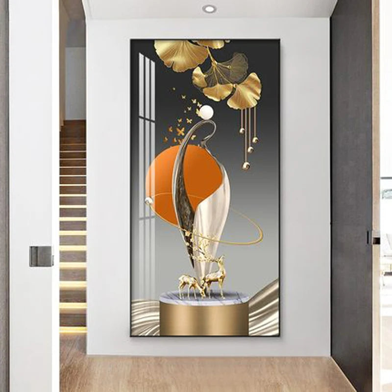 Modern Golden Deer Abstract 3d Geometry Luxury Wall Art Canvas Painting Nordic Leaf Poster Print Pictures for Living Room Decor Peaceful Pleasures Health and Wellness