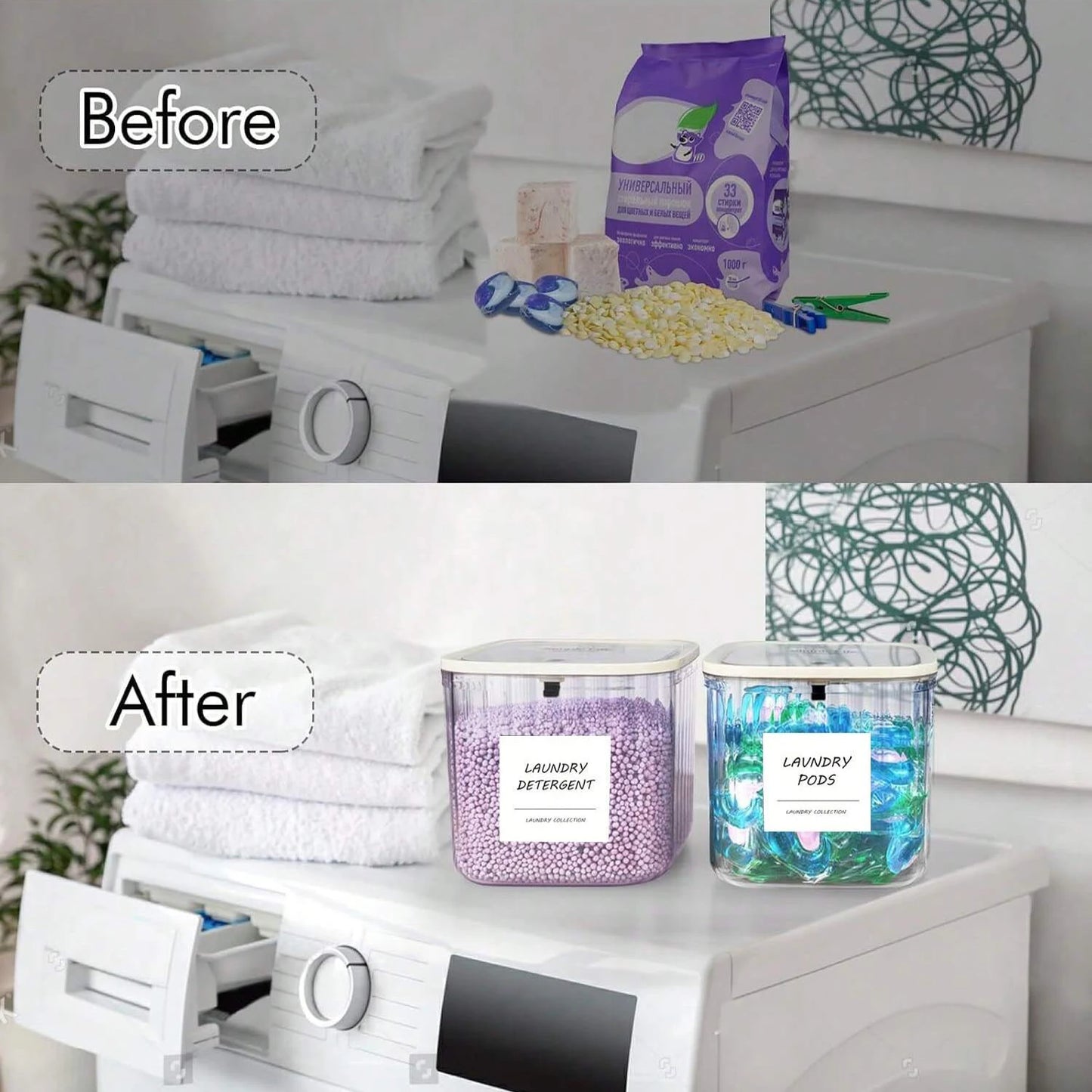 Laundry Pods Container with Pop-Up Lid – Clear Storage Organizer with Labels for Laundry Room