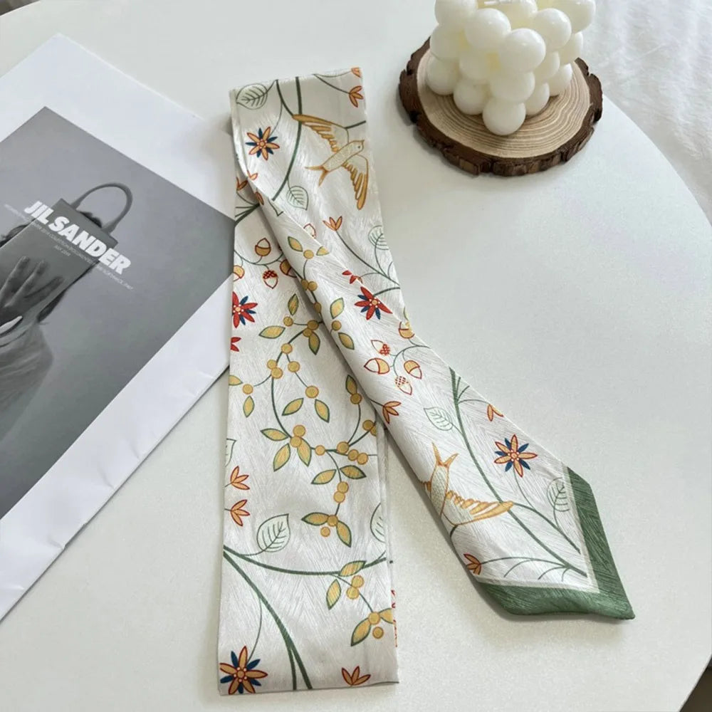 Floral Satin Ribbon Scarf – Long Thin Hair & Bag Accessory