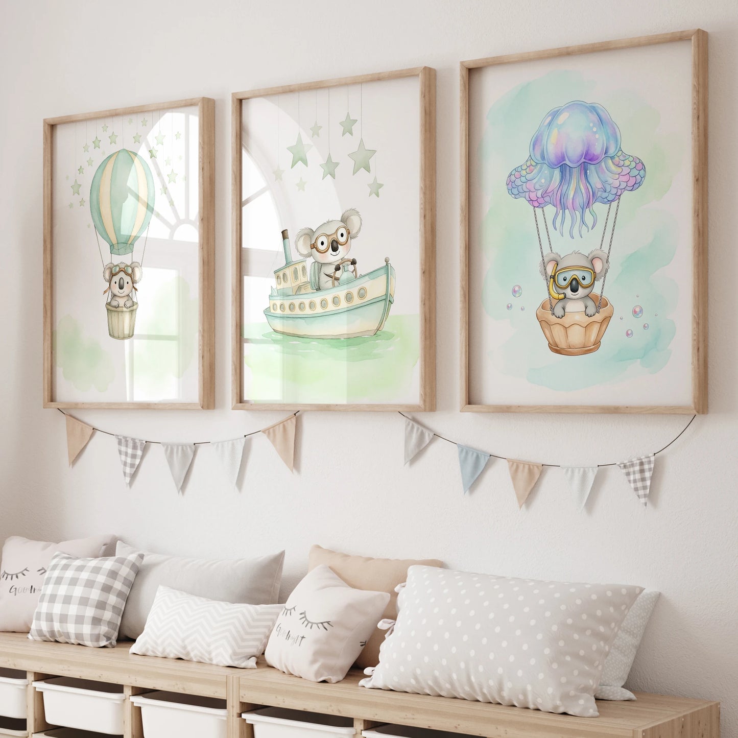 Watercolor Sloth Hot Air Balloon Canvas Wall Art | Kids Room