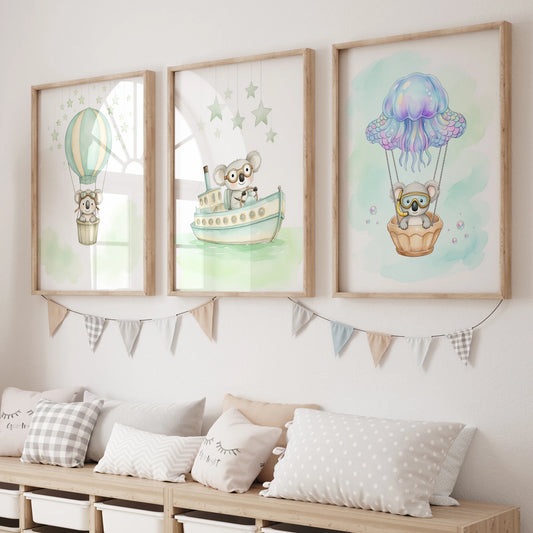 Watercolor Sloth Hot Air Balloon Canvas Wall Art | Kids Room Canvas Wall Art Print Peaceful Pleasures Health and Wellness GP070-3pcs 40x50cm Unframed