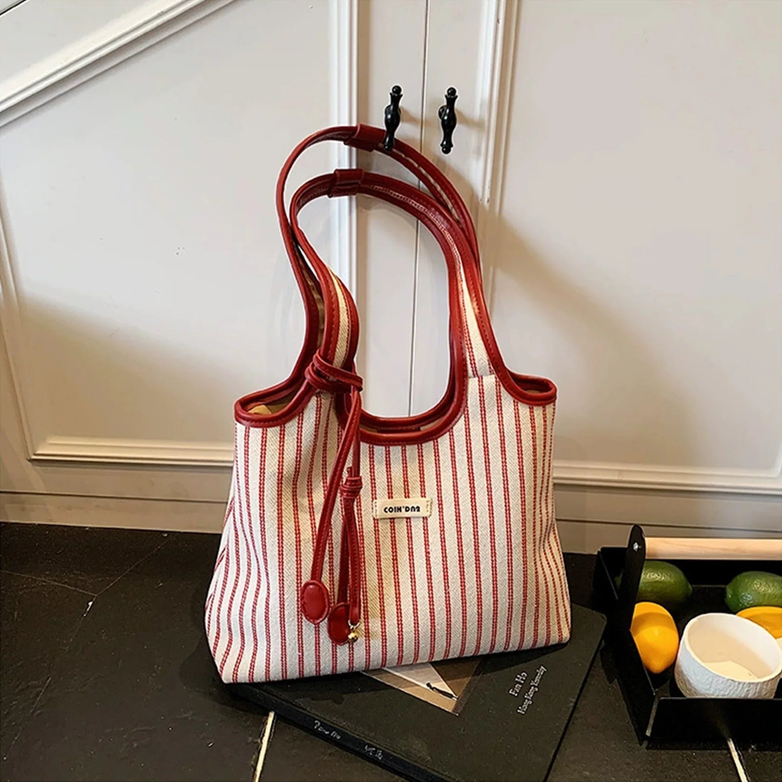 Striped Canvas Tote Bag for Women Large Capacity Shoulder Crossbody Bag Fashion Commute School Bag Peaceful Pleasures Health and Wellness