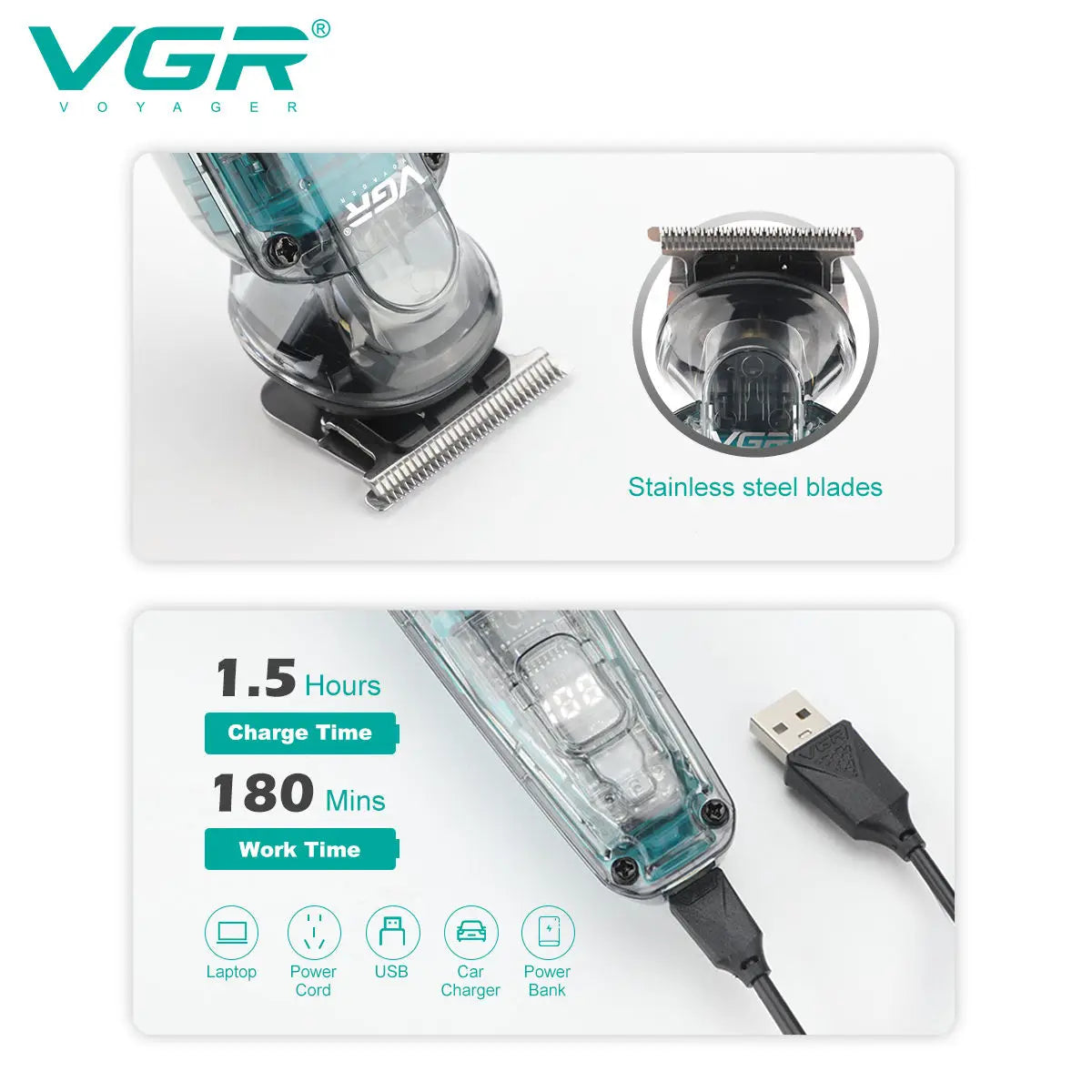 VGR 949 NEW Hair Clipper Cordless Hair Trimmers Rechargeable Digital Display Haircut Machine Transparent Barber Hair Clipper Peaceful Pleasures Health and Wellness