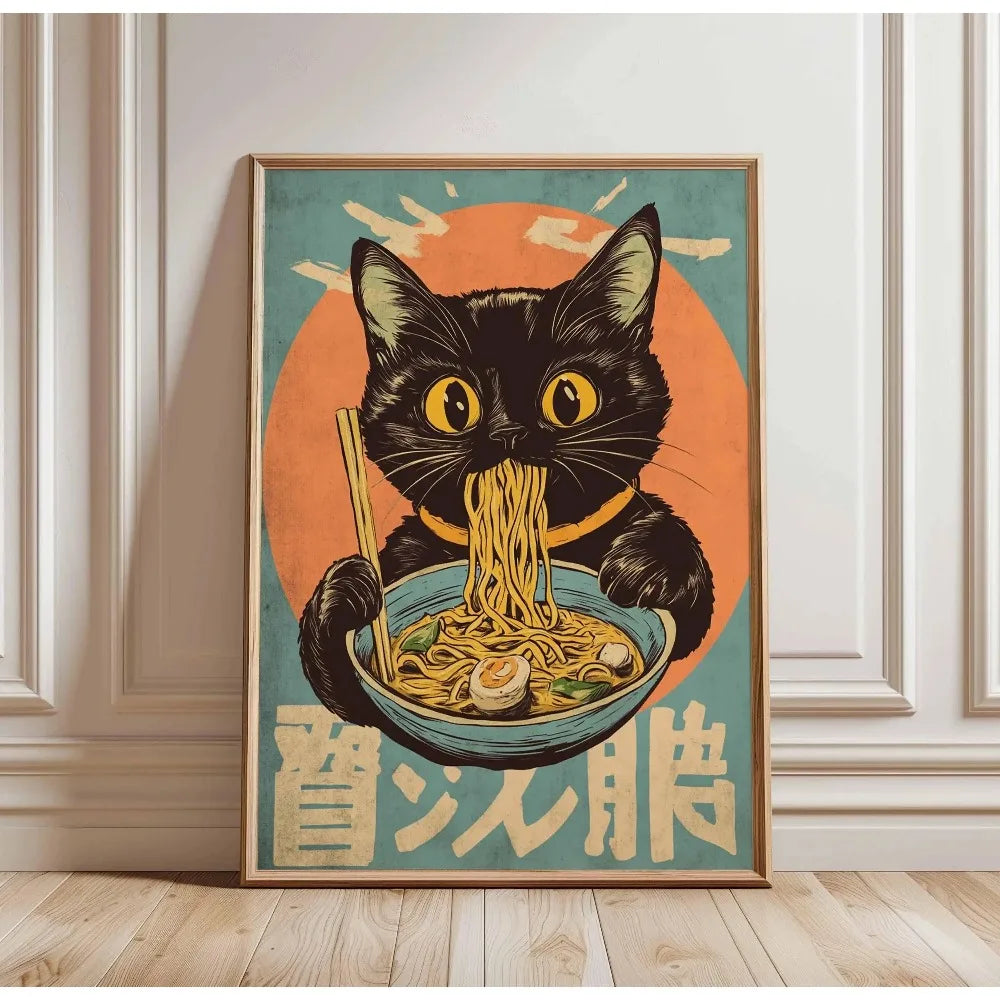 Black Cat Ramen Japanese Food Noodle Ginger Cat Poster Print Wall Art Pictures Canvas Painting Living Room Home Wall Decoration Peaceful Pleasures Health and Wellness