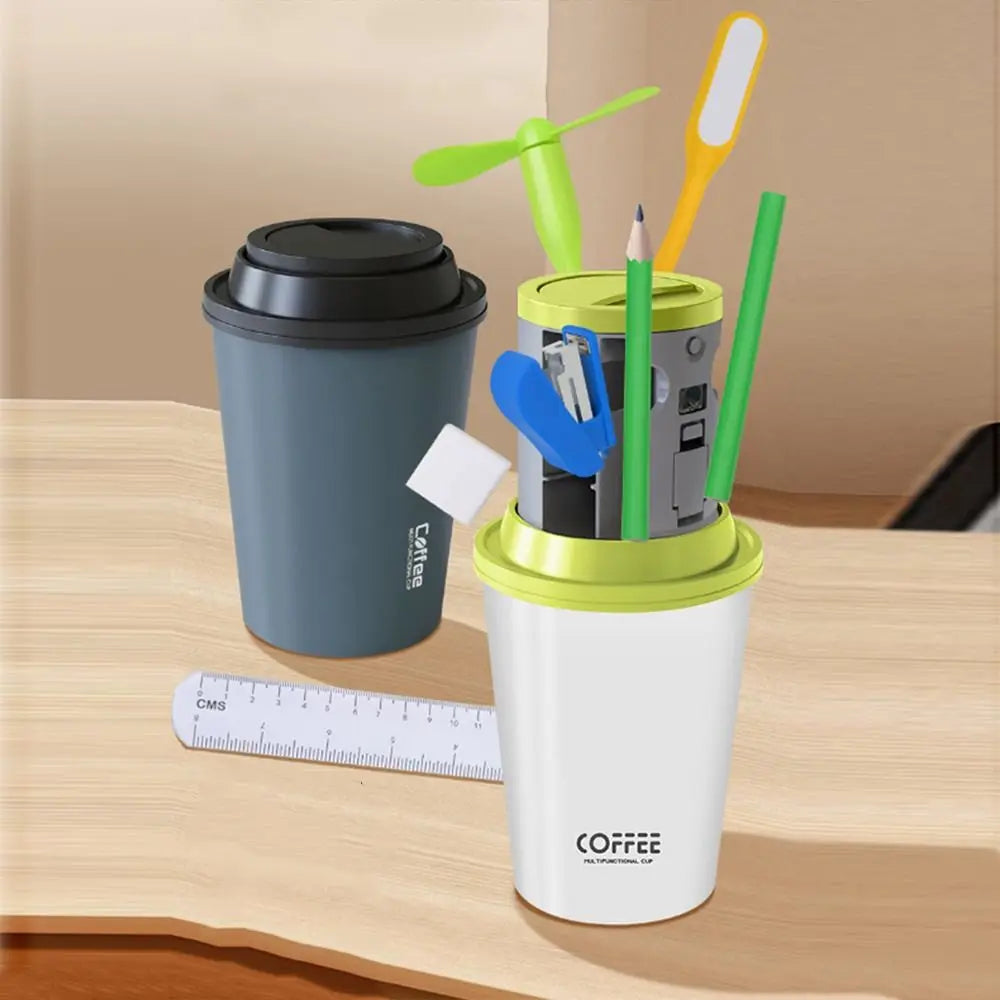 7 in 1 Children's Stationery Set Coffee Cup Shape with Fan Children's Creative Stationery Cup Stapler with Lamp Peaceful Pleasures Health and Wellness