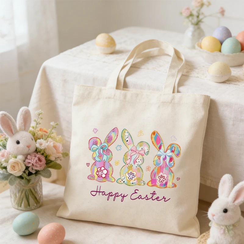 Colorful Easter Bunny Canvas Tote Bag | Reusable Gift Bag Canvas Tote Bag Peaceful Pleasures Health and Wellness