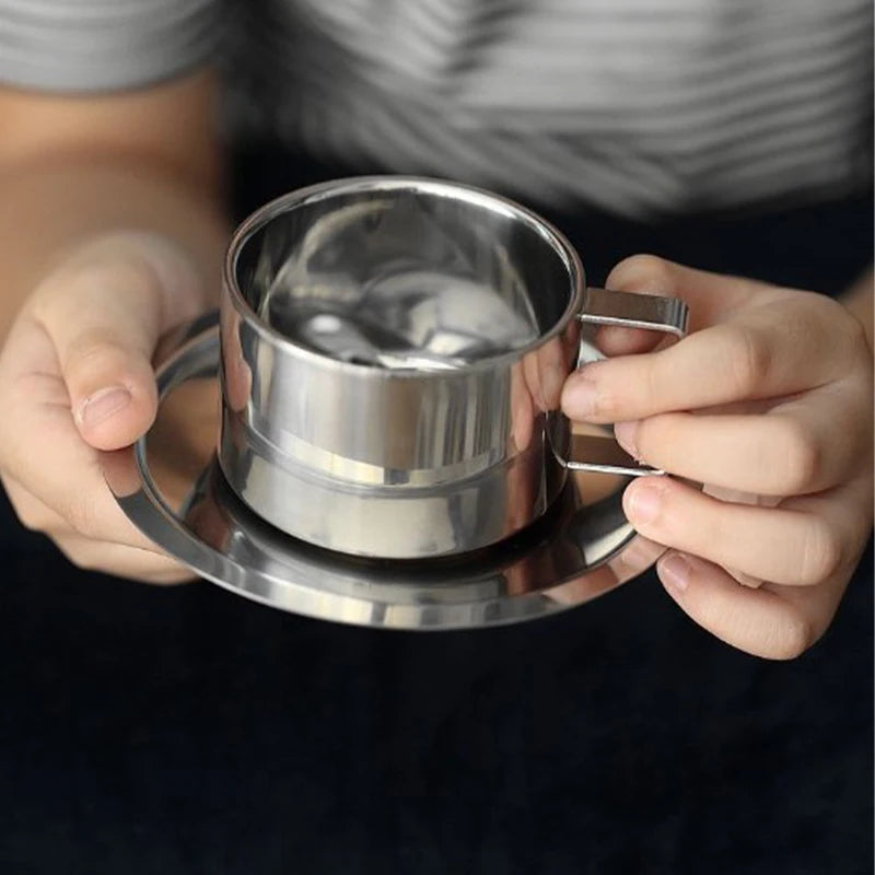 Double Wall Stainless Steel Coffee Cup Set with Saucer & Spoon Coffee Cup Set Peaceful Pleasures Health and Wellness