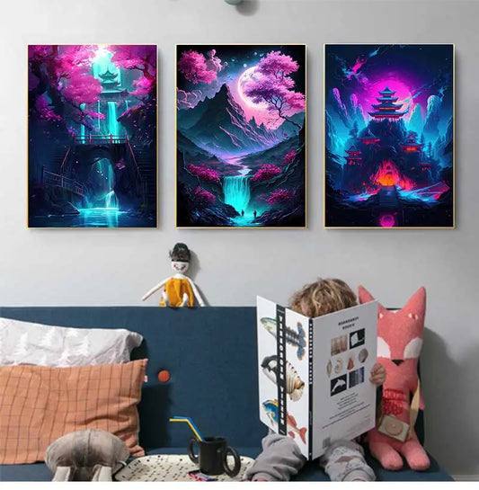 Japanese Anime Cyberpunk Neon Canvas Wall Art 3-Piece Set Canvas Wall Art Peaceful Pleasures Health and Wellness