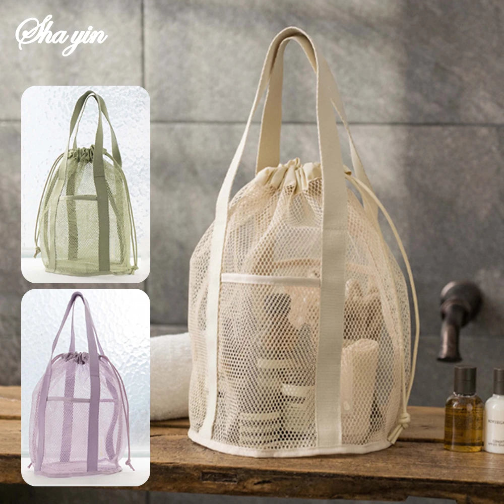 Large Capacity Travel Cosmetic Bag Organizer Foldable Mesh Nylon Casual Drawstring Rope Bundle Pocket Swim Washing Bag Peaceful Pleasures Health and Wellness