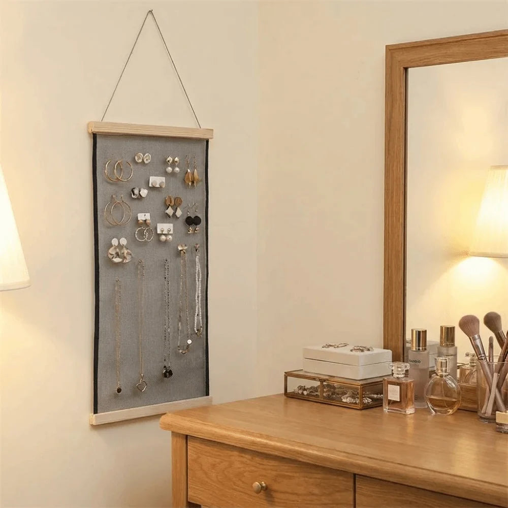 Wood Frame Mesh Grid Jewelry Hanging Display & Storage Rack