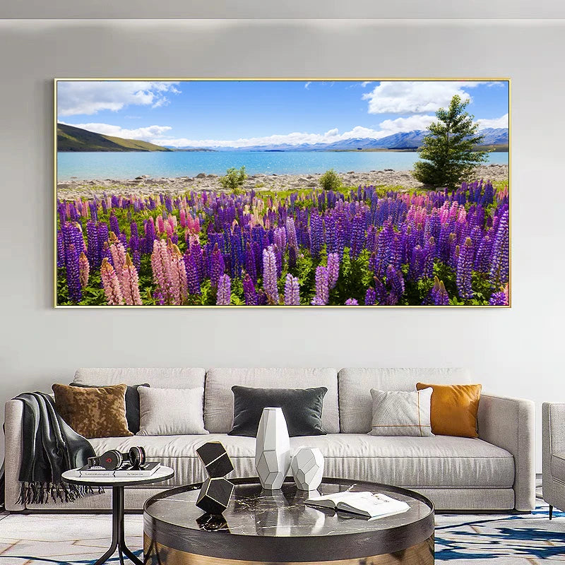 Lake Tekapo New Zealand Landscape Picture Canvas Painting Wall Art Lupin Flower Nature Mountain Posters Prints Living Room Decor Peaceful Pleasures Health and Wellness