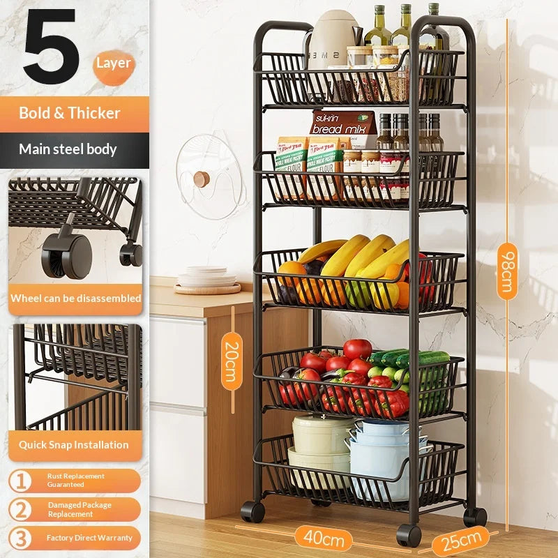 Sturdy Heavy Duty Space Saving Multilayer Kitchen Vegetable Fruit Storage Rack Rolling Cart with Baskets for Home Pantry Peaceful Pleasures Health and Wellness Black 5 Layer
